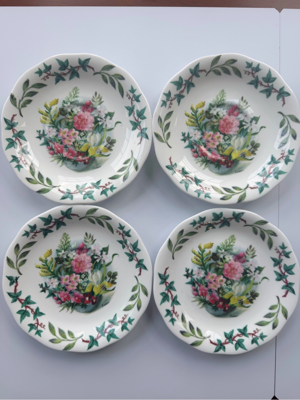 Floral Pattern Ceramic Dessert Plates - White with Green & Pink